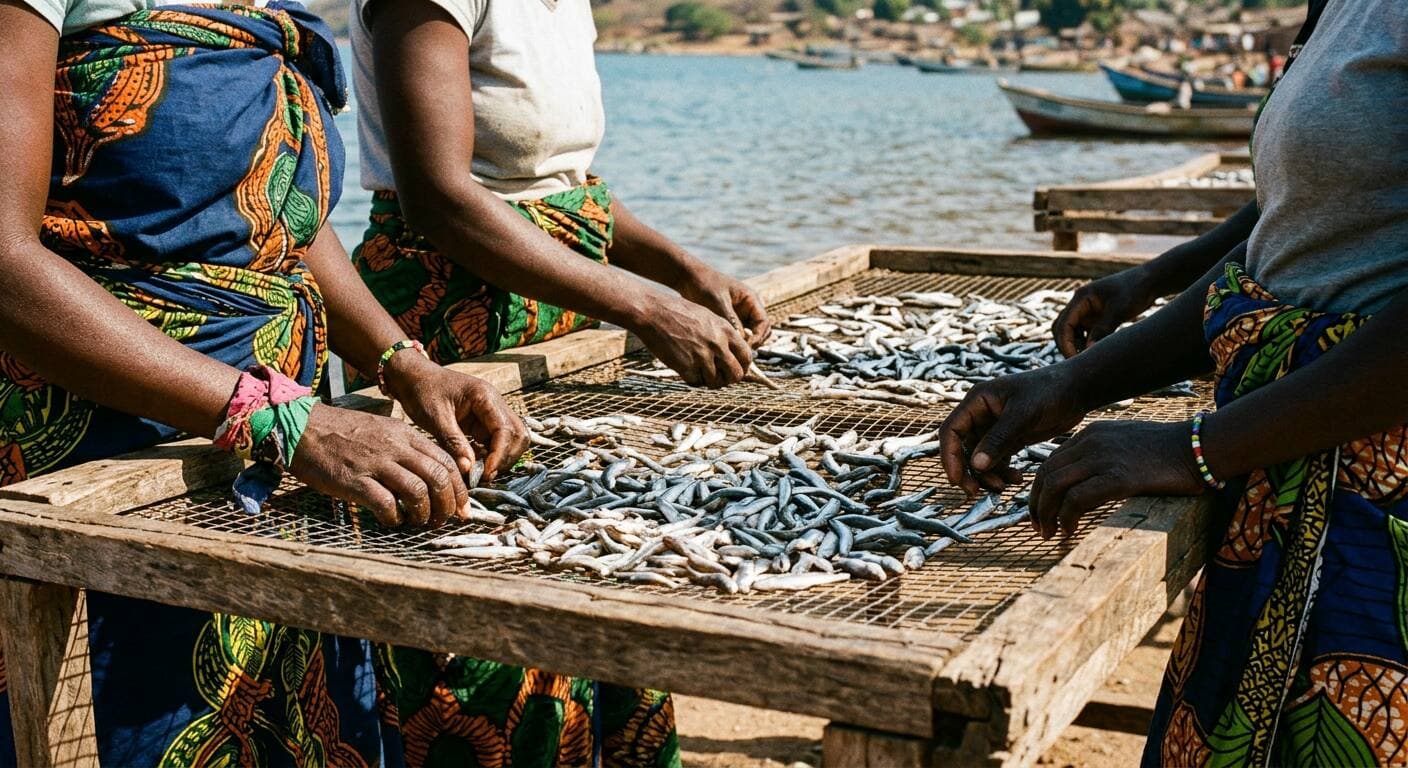 Illustrative image of women processing fish beside drying racks on a lakeshore