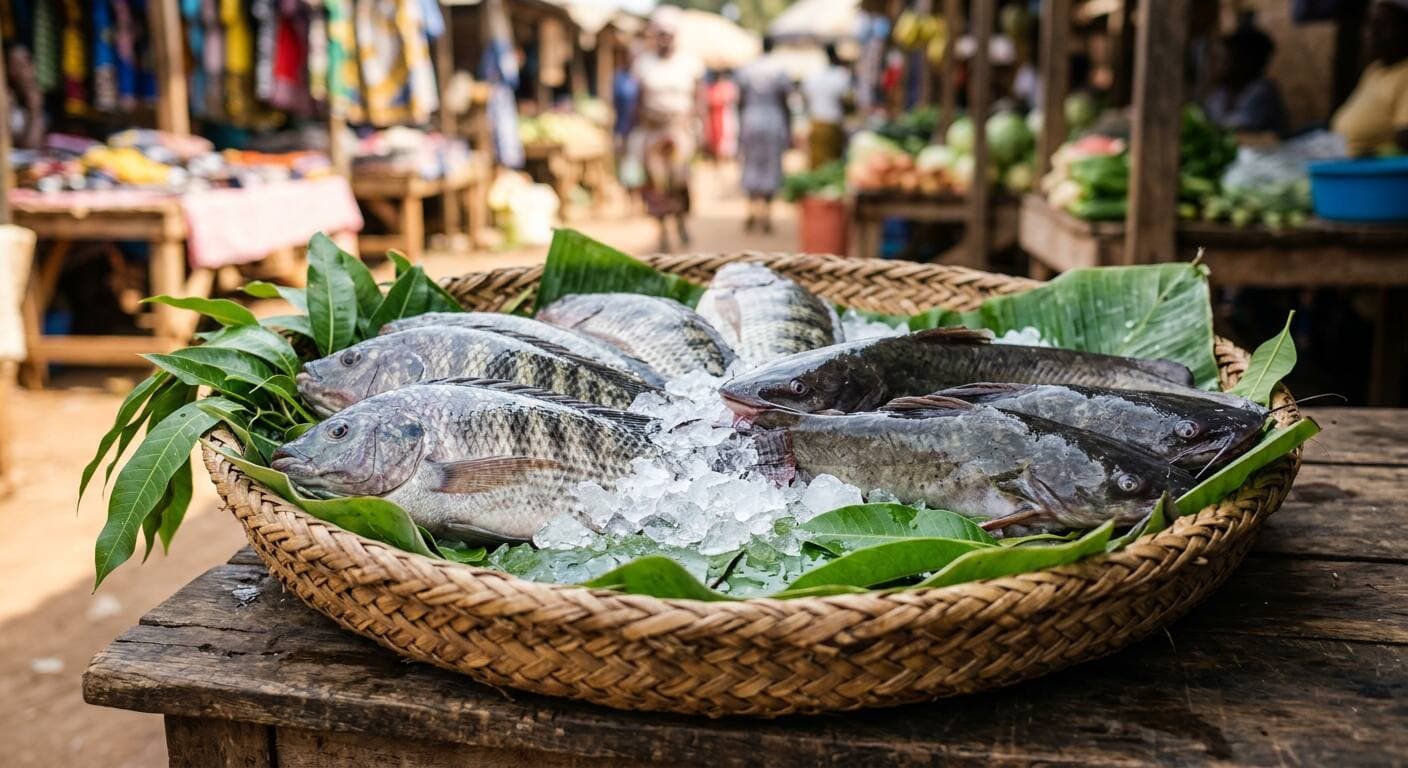 Fresh whole tilapia and catfish arranged in a woven basket